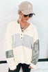 Waffle Knit Stripe Patchwork Henley Drawstring Hood Drop Shoulder Long Sleeve Top